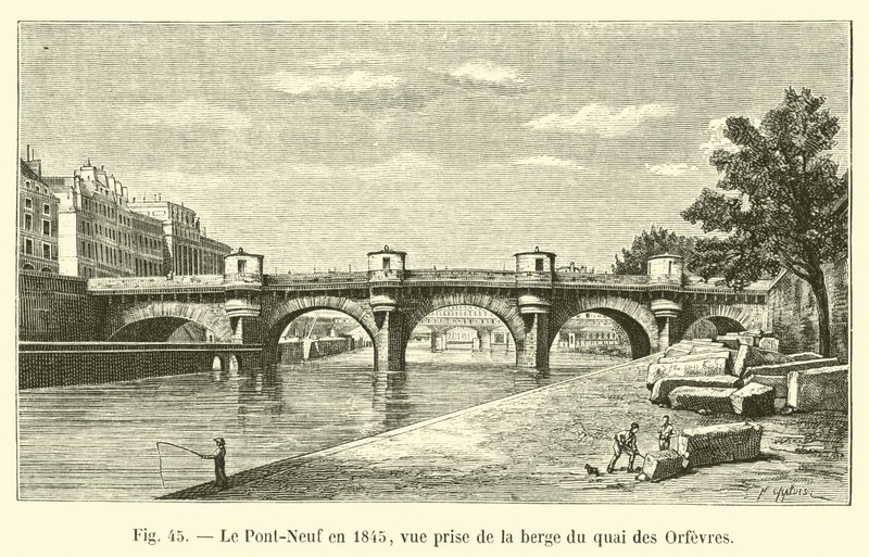 Pont-Neuf v roce 1845, pohled z břehu Quai des Orfevres od French School
