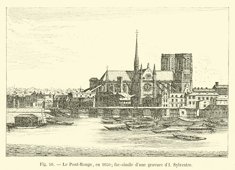 Červený most, v roce 1650; faksimile rytiny od Sylvestre od French School