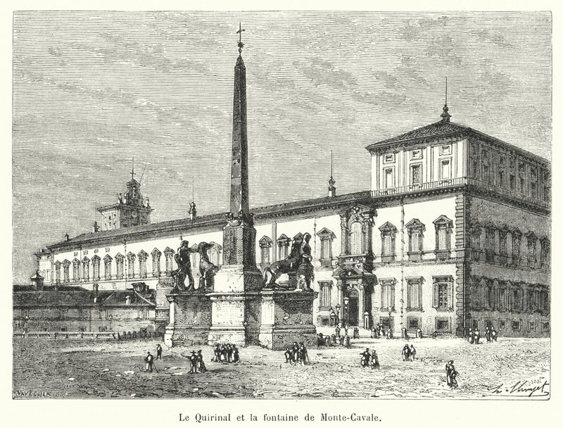 Quirinal a fontána Monte-Cavale (rytina) od French School