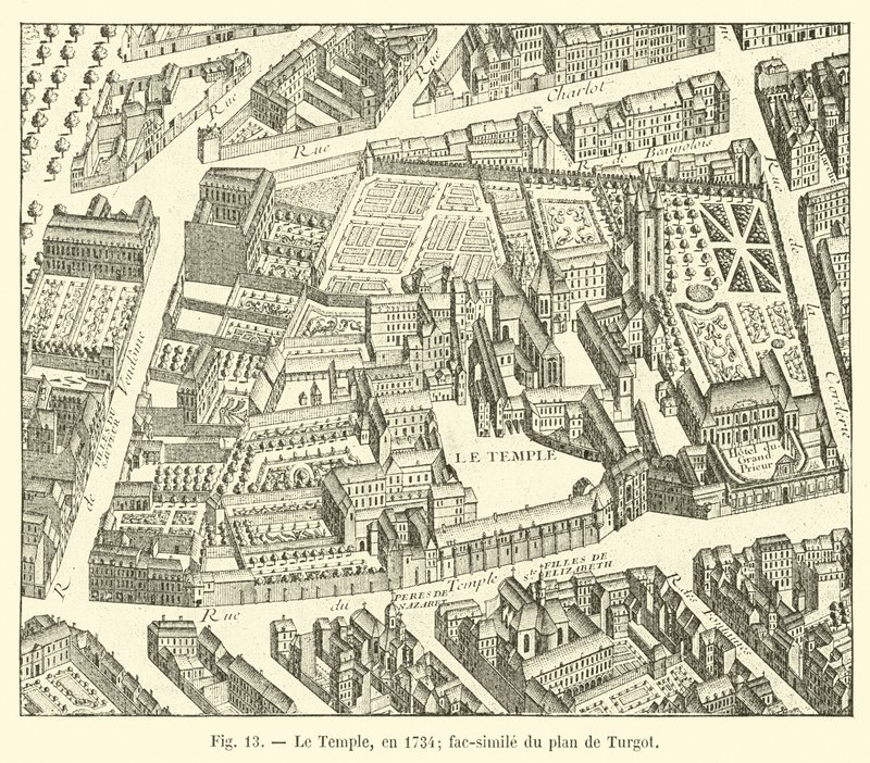 Chrám, v roce 1734; faksimile Turgotova plánu od French School