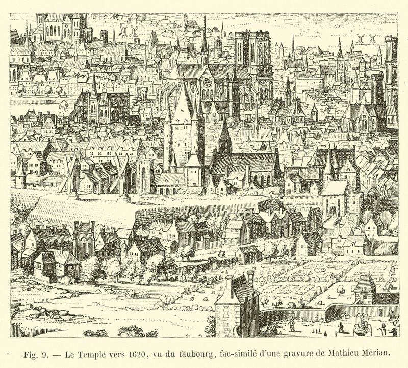 Chrám kolem roku 1620, pohled z faubourgu, faksimile rytiny od Mathieu Meriana od French School