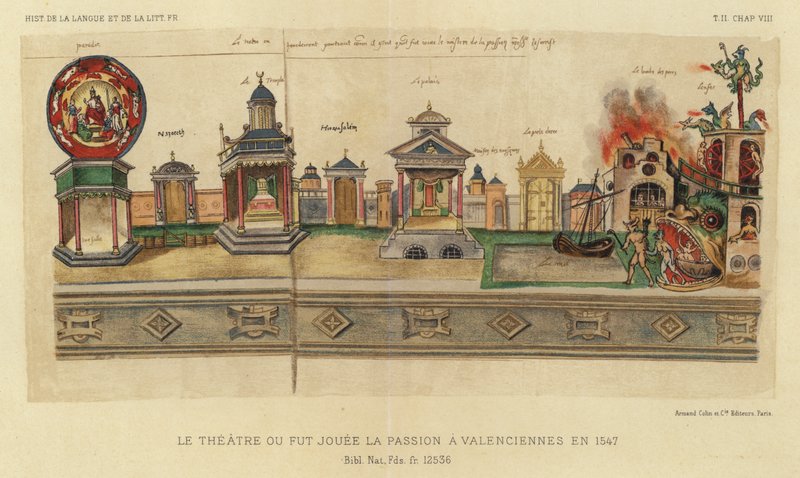 Divadlo, kde se hrály pašije ve Valenciennes v roce 1547 (barevná litografie) od French School