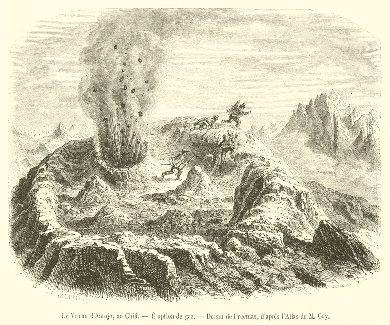 Sopka Antujo, Chile, erupce plynu (rytina) od French School