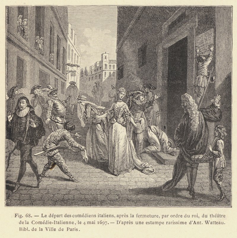 Odchod italských herců, po uzavření, na příkaz krále, z divadla Comedie-Italienne, 4. května 1697 (rytina) od French School