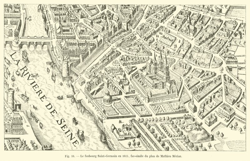 Faubourg Saint-Germain v roce 1615, faksimile plánu Mathieu Meriana od French School