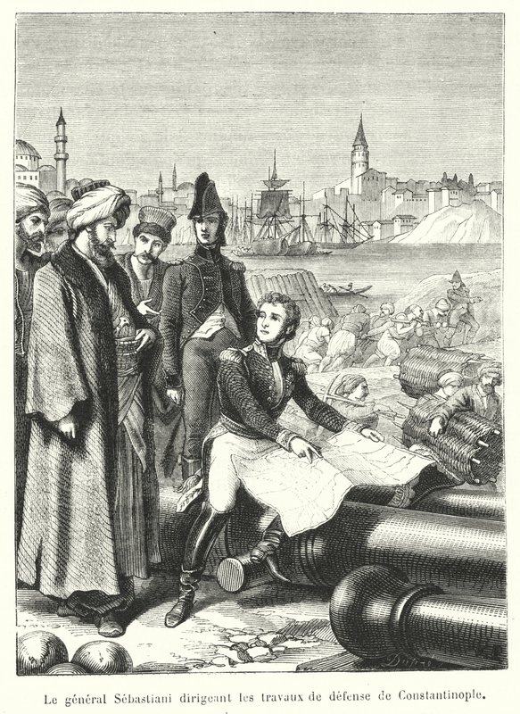 Generál Sebastiani řídí obranné práce Konstantinopole (rytina) od French School