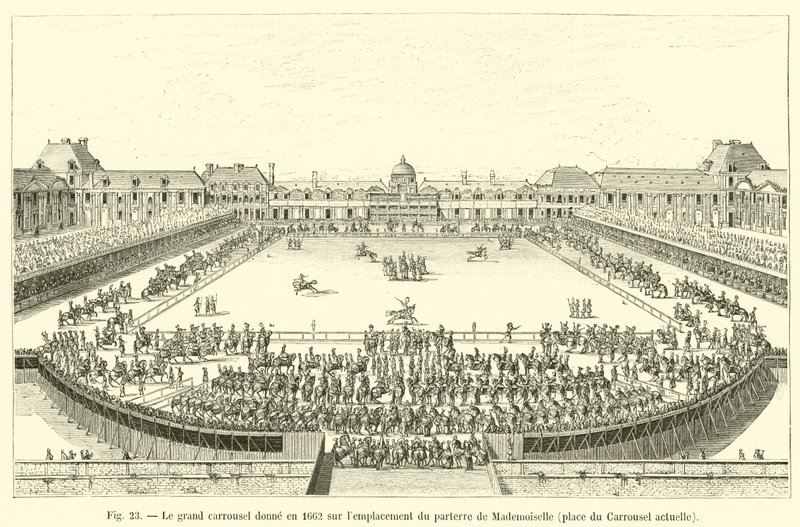 V roce 1662 má velký kolotoč výhled na místo parteru Mademoiselle, dnešní Place du Carrousel od French School