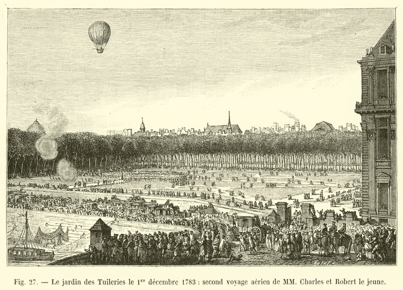 Tuileries Garden 1. prosince 1783, druhá letecká cesta MM Charlese a Roberta mladšího od French School