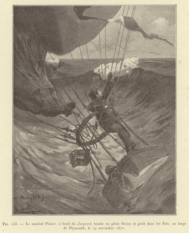 Námořník Prince na palubě Jacquardu spadne uprostřed oceánu a zahyne ve vlnách u Plymouthu, 29. listopadu 1870 (rytina) od French School