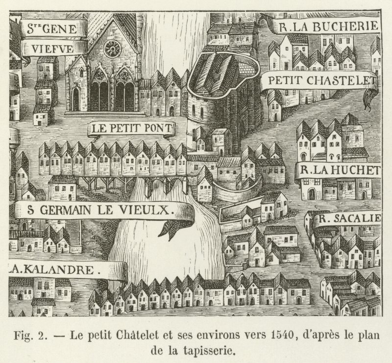 Le petit Chatelet a jeho okolí kolem roku 1540 podle plánu tapisérie od French School