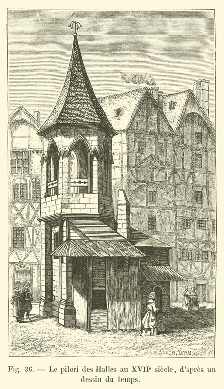 Pranýř v Les Halles v 17. století, z dobové kresby od French School