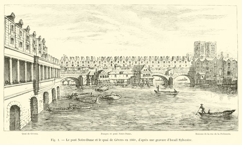 Most Notre-Dame a Quai de Gesvres v roce 1660, po rytině od Israela Sylvestra od French School
