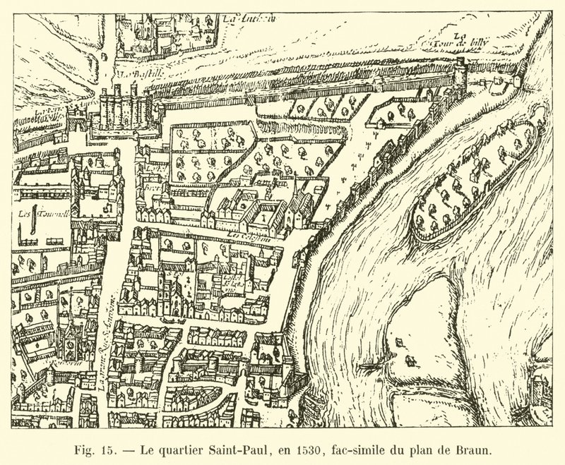 Čtvrť Saint-Paul, v roce 1530, faksimile Braunova plánu od French School