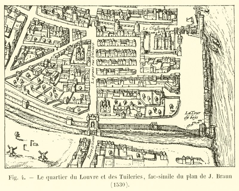 Čtvrť Louvre a Tuileries, faksimile plánu J Brauna, 1530 od French School