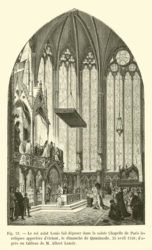 Král Saint Louis nechal relikvie přivezené z východu uložit v Sainte Chapelle v Paříži v neděli Quasimodo 25. dubna 1248 podle obrazu od M. Alberta Lenoira. od French School