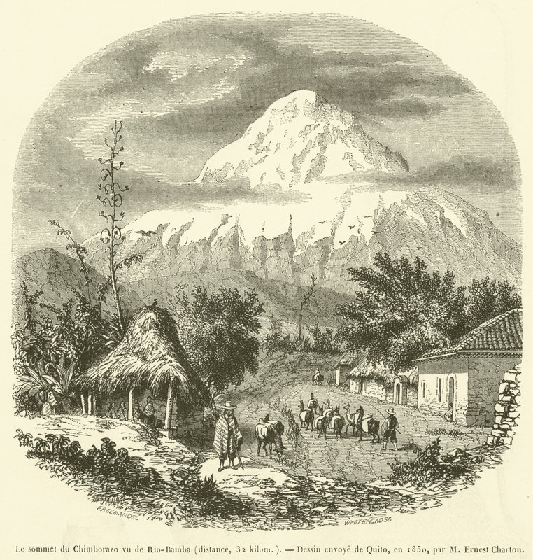 Vrchol Chimborazo při pohledu z Rio-Bamba, vzdálenost, 32 kilometrů (rytina) od French School