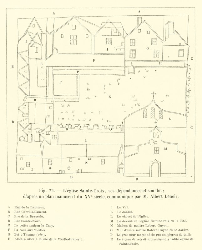 Kostel Sainte-Croix, jeho přístavby a ostrov; podle rukopisného plánu z XV. století, sděleného M. Albertem Lenoirem od French School