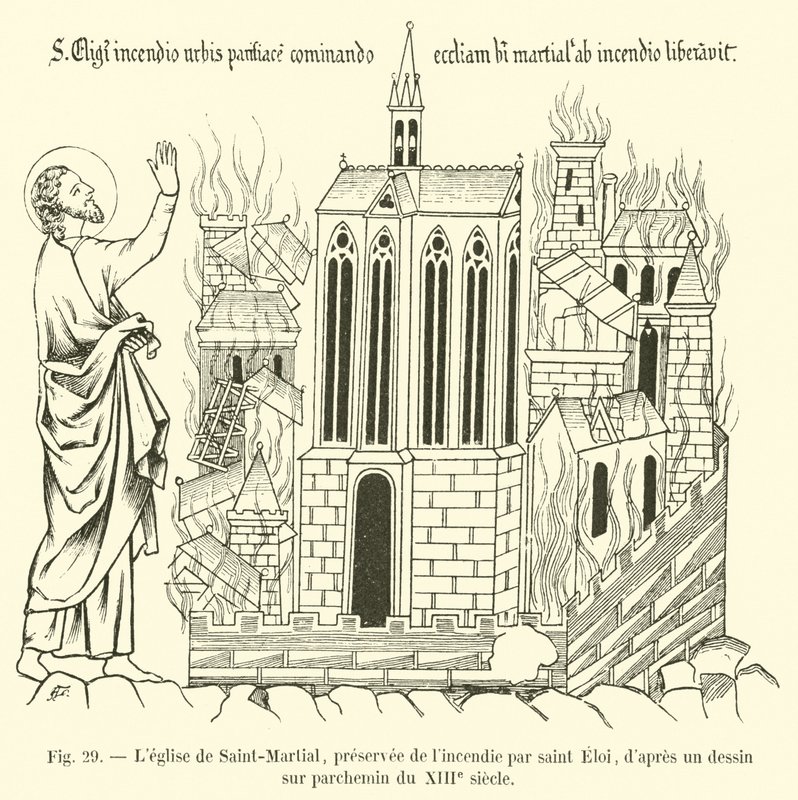 Kostel Saint-Martial, chráněný před požárem Saint Eloi, po kresbě na pergamenu ze 13. od French School
