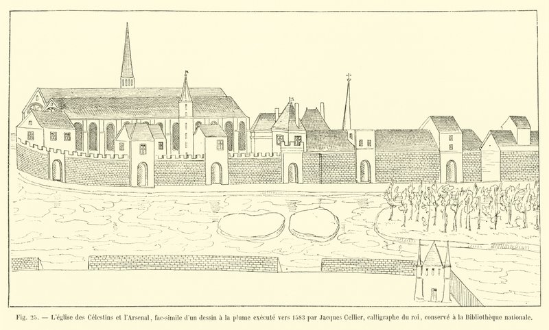 Kostel Celestinů a arzenálu, faksimile perokresby vytvořené kolem roku 1583 Jacquesem Cellierem, královým kaligrafem, uložená v Národní knihovně od French School