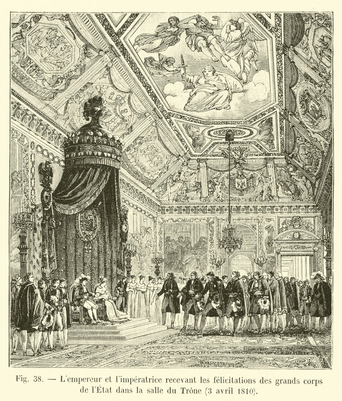 Císař a císařovna přijímající gratulace od Velkého sboru státu v trůnním sále, 3. dubna 1810 od French School