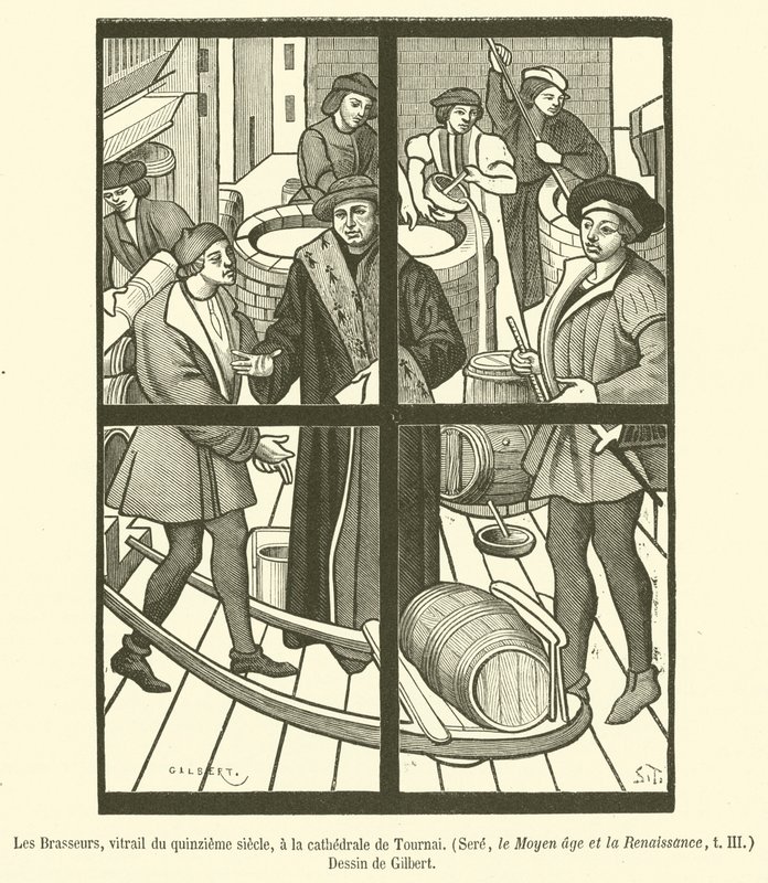 The Brewers, vitráže z 15. století, v katedrále Tournai (rytina) od French School