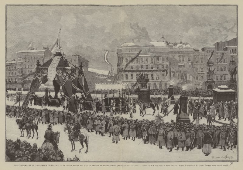 Pohřeb císaře Viléma, Korzár procházející pod triumfálním obloukem na Friedrichstrasse, Promenade des Tilleuls (rytina) od French School