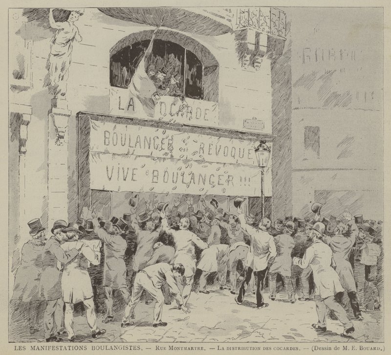 Les Manifestations Boulangistes, Rue Montmartre, La distribution des cocardes (rytina) od French School