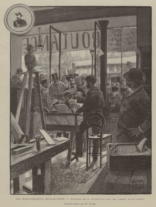 Les Manifestations Boulangistes, Podpis protestu v kancelářích Cocarde (rytina) od French School