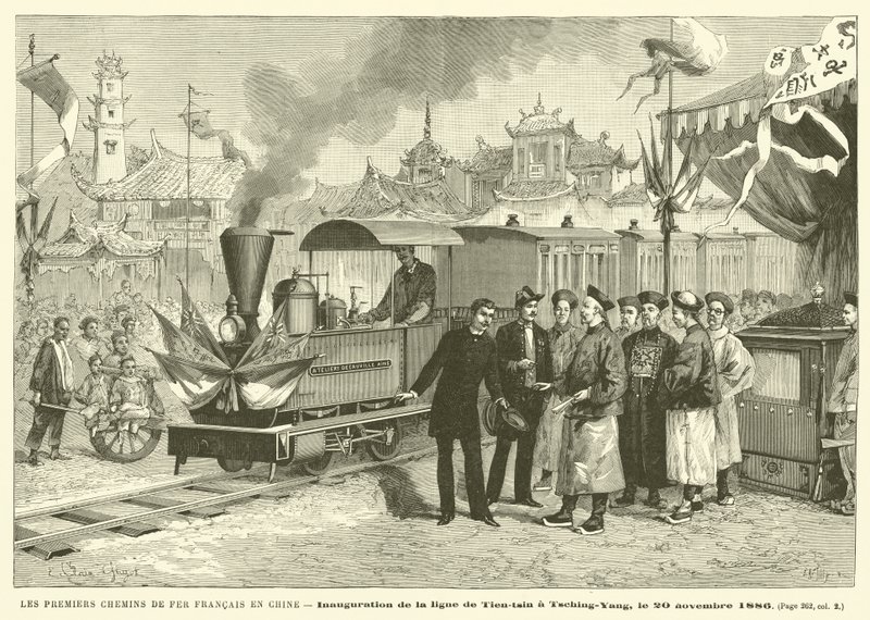 První francouzské železnice v Číně (rytina) od French School