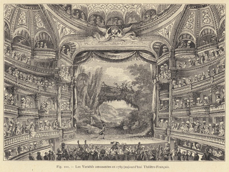 The Fun Varieties v roce 1789, nyní Theatre-Francais (rytina) od French School