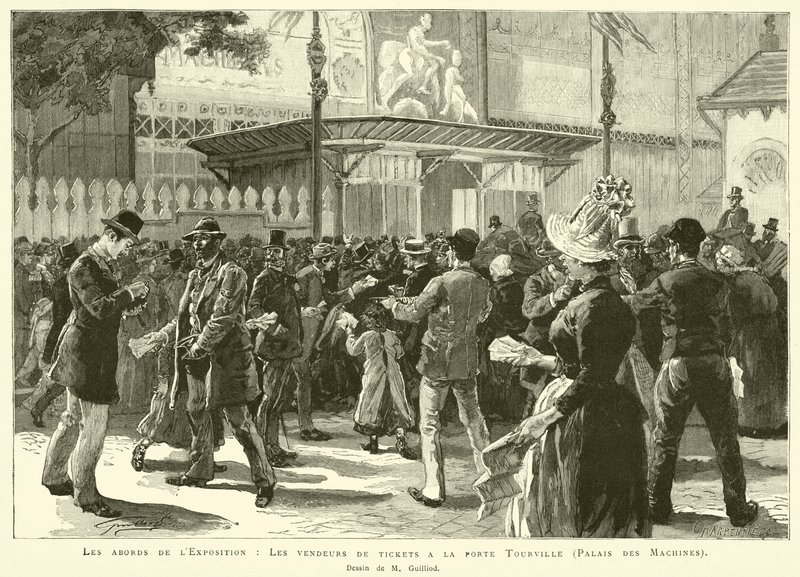 Okolí výstavy, Prodejci vstupenek u brány Tourville, Palais des Machines, Kresba M Guilliod (rytina) od French School