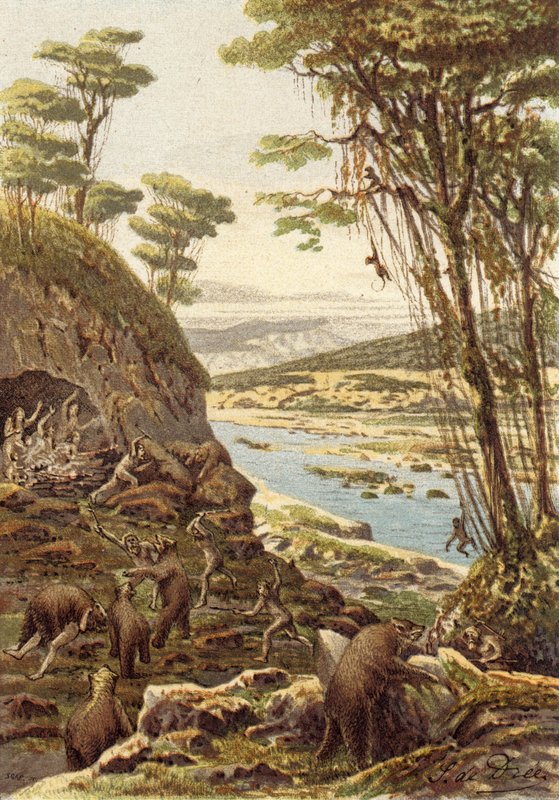 První věky lidstva, věk jeskynního medvěda (barevná litografie) od French School