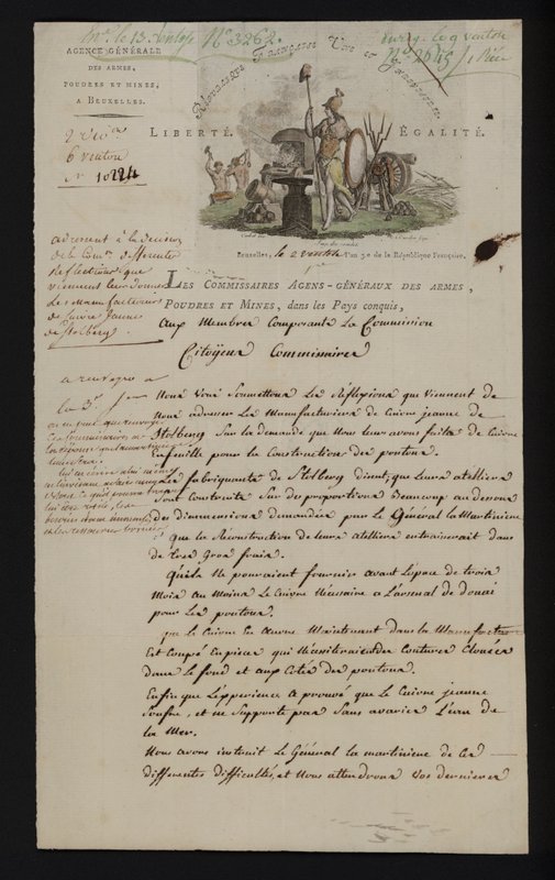 Dopis od Agence Generale des Armes, Poudres et Mines, Brusel, poté, co jižní Nizozemsko bylo anektováno Francií od French School