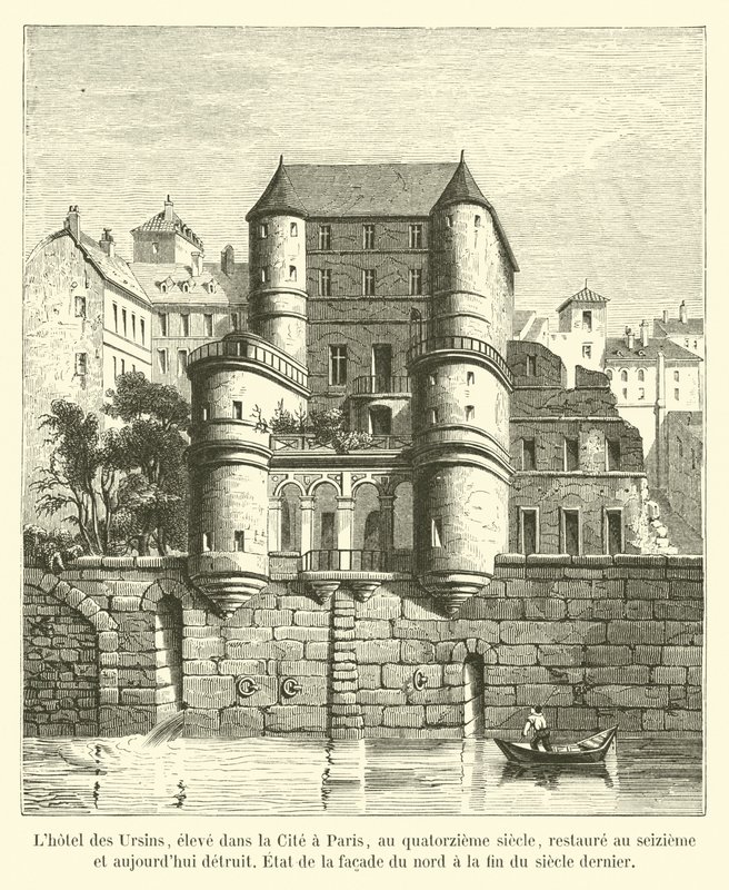 Hôtel des Ursins, postavený v Cité v Paříži ve čtrnáctém století, obnoven v šestnáctém a nyní zničen, stav severní fasády na konci minulého století od French School