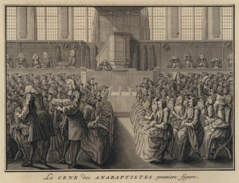 Večeře Páně v anabaptistickém kostele (rytina) od French School