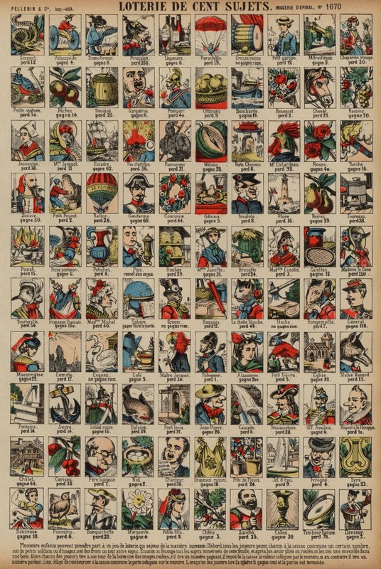 Loterie o stovce předmětů (barevná rytina) od French School