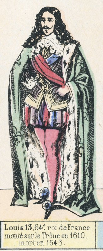 Ludvík 13, 64. francouzský král, nastoupil na trůn v roce 1610, zemřel v roce 1643 (barevná rytina) od French School