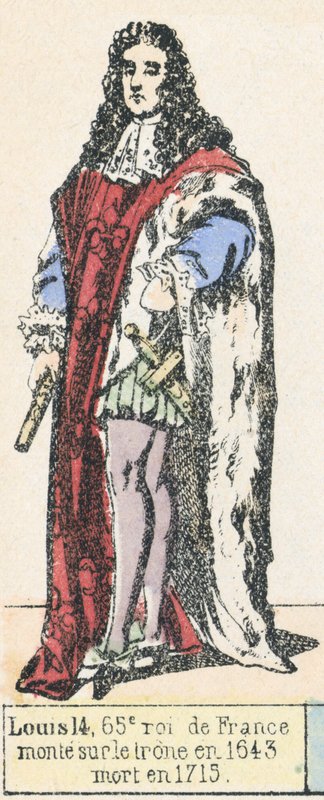 Ludvík 14, 65. král Francie, nastoupil na trůn v roce 1643, zemřel v roce 1715 (barevná rytina) od French School