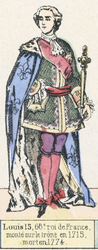 Ludvík 15, 66. francouzský král, nastoupil na trůn v roce 1715, zemřel v roce 1774 (barevná rytina) od French School