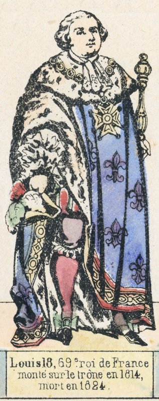 Ludvík 18, 69. král Francie, nastoupil na trůn v roce 1814, zemřel v roce 1824 (barevná rytina) od French School