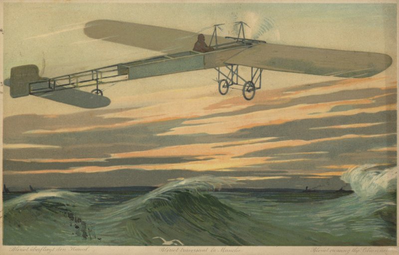 Louis Bleriot při prvním letu přes kanál La Manche v letadle těžším než vzduch, 25. července 1909 (barevná litografie) od French School