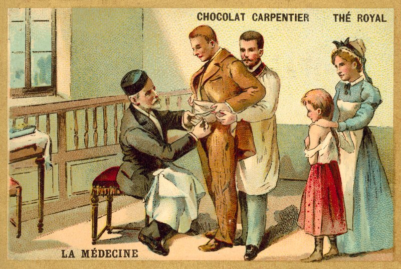 Louis Pasteur očkuje pacienta proti vzteklině v Pasteurově institutu (chromolitho) od French School