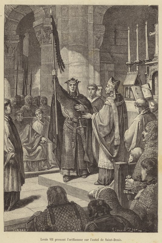 Ludvík VII. bere prapor z oltáře Saint-Denis (rytina) od French School
