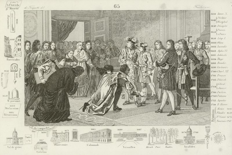 Ludvík XIV. představuje svého vnuka Filipa V. španělským vyslancům jako jejich nového krále, 1700 od French School