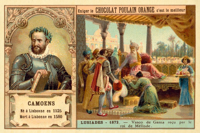 Luis de Camoes, portugalský básník, a scéna z jeho básně Lusiads, zobrazující Vasco da Gamu při přijetí králem Malindi (chromolit) od French School