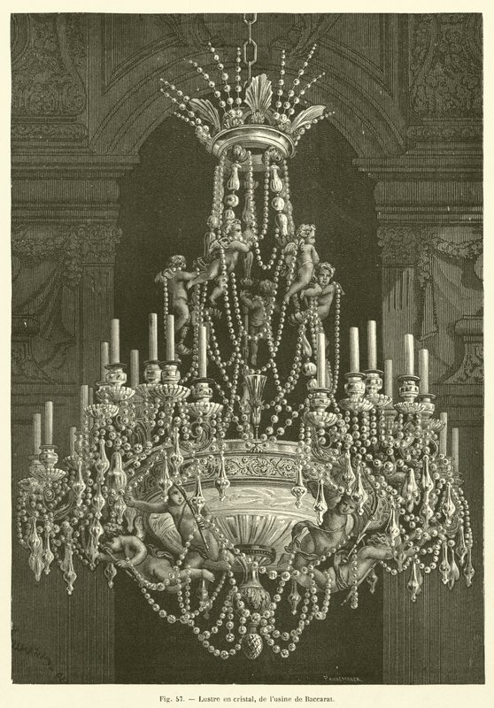 Křišťálový lustr, z továrny Baccarat (rytina) od French School