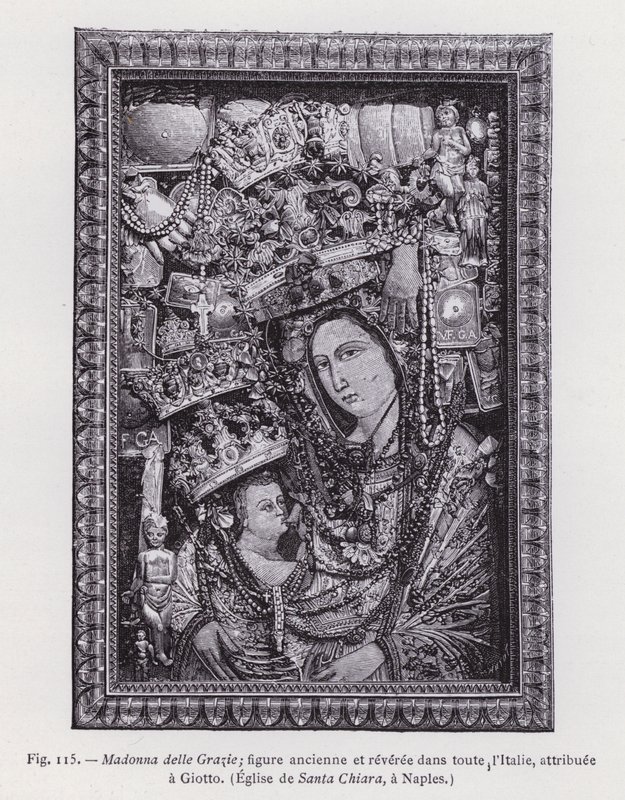 Madonna delle Grazie; starověká a uctívaná postava v celé Itálii, připisovaná Giottovi, kostel Santa Chiara, Neapol (rytina) od French School