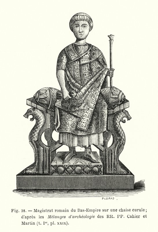 Římský rychtář Dolní Říše na křesle Curule; podle Melanges d