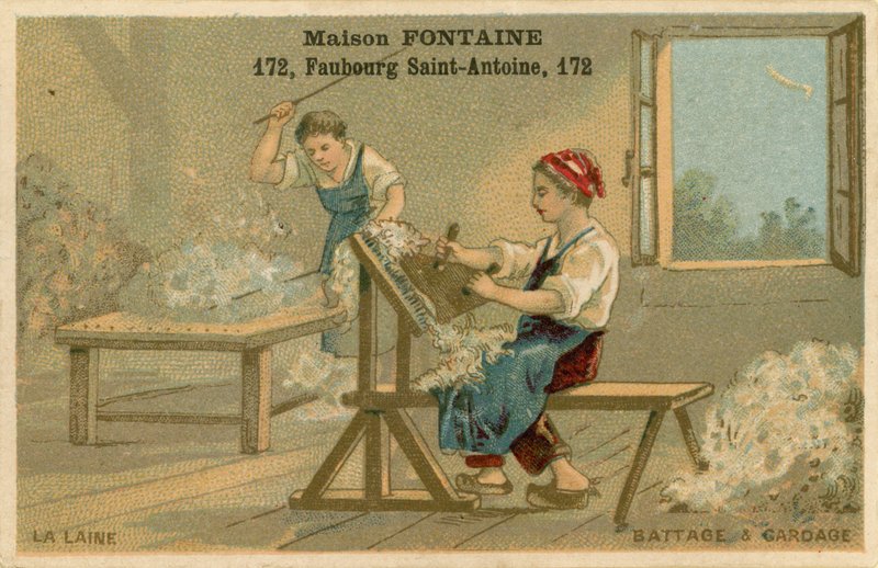 Maison Fontaine obchodní karta, mlácení a mykání od French School