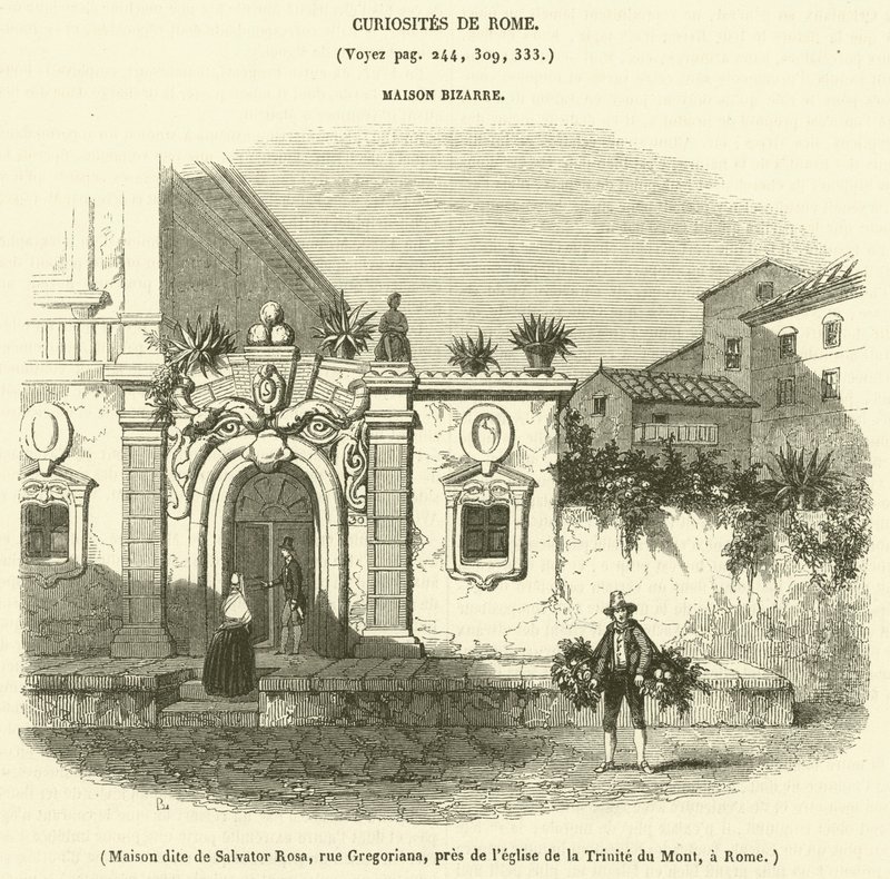 Dům zvaný Salvator Rosa, Gregoriana Street, v blízkosti kostela Nejsvětější Trojice na hoře, v Římě (rytina) od French School